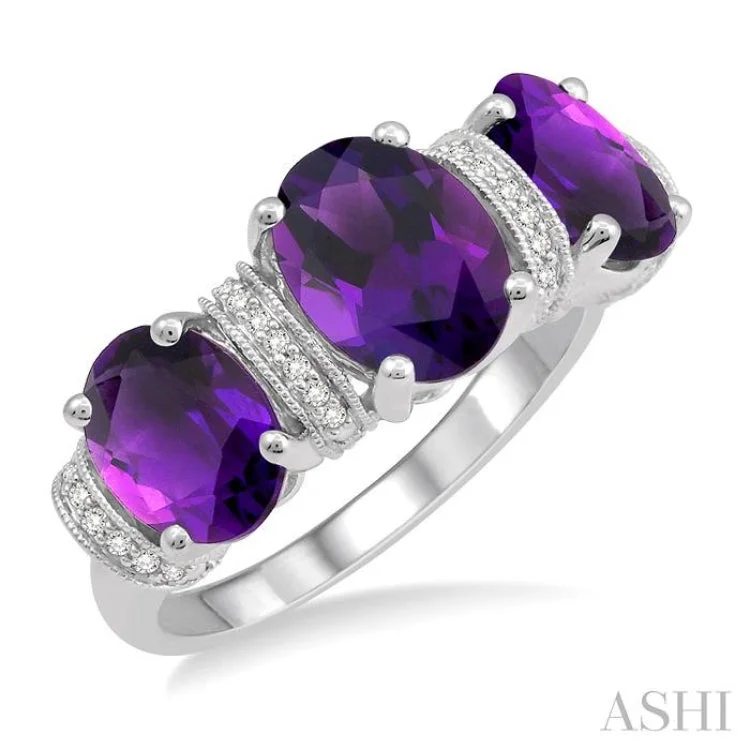 Women’s engagement rings with rose gold accents-1/10 Ctw Round cut Diamond and Tri Mount Oval Cut 8x6mm & 7x5mm Amethyst Semi Precious Ring in 10K White Gold