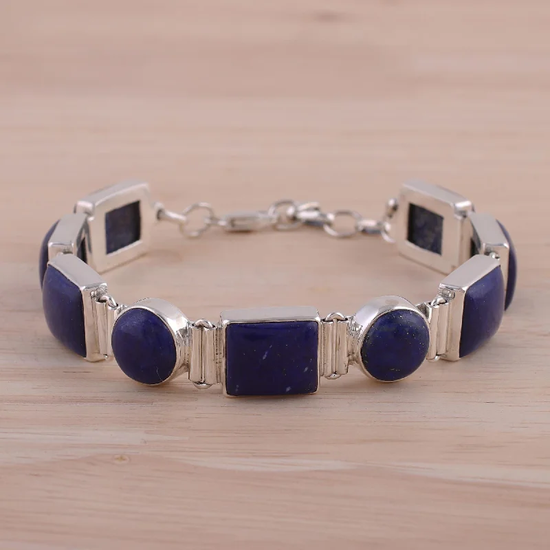 Women’s sterling silver bangles-Connected Lapis Lazuli & Sterling Silver Link Bracelet