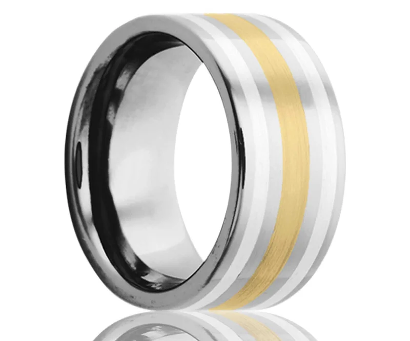 Women’s yellow gold rings-Flat Tungsten Yellow Gold And  Argentium Silver Inlays Ring