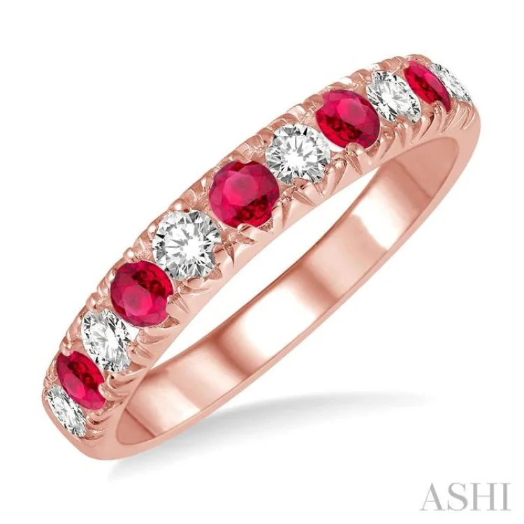 Women’s engagement rings with vintage diamonds-3/8 ctw Round Cut Diamond and 2.6MM Ruby Precious Wedding Band in 14K rose Gold