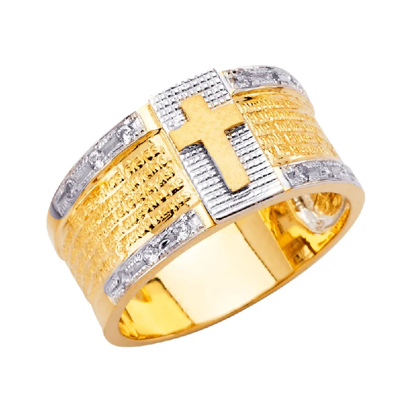 Women’s mixed metal rings-14K Solid Gold Jesus Christ Cross Lord's Prayer's CZ Band Ring