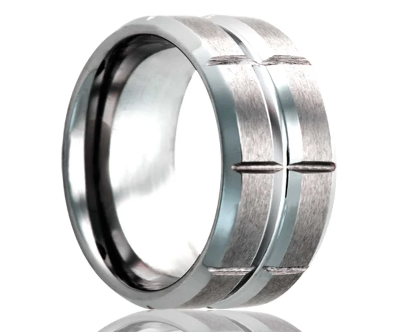 Women’s solitaire rings-Men's Beveled Edge Tungsten Ring With Groves