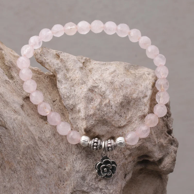 Women’s gold tennis bracelets-Still Rose Rose Quartz and Flower Charm Beaded Bracelet from Bali