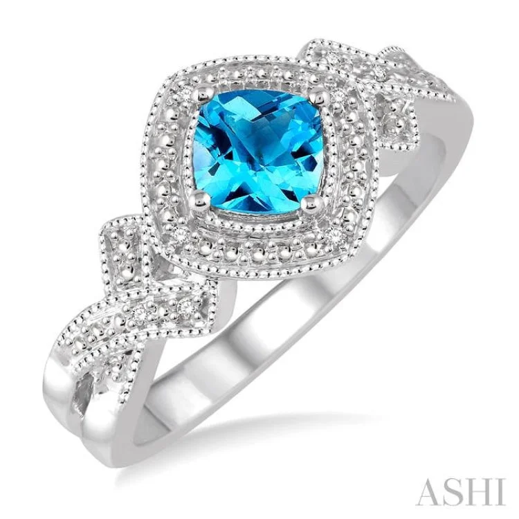 Women’s engagement rings with square diamonds-1/50 Ctw Cushion Cut 5x5mm Blue Topaz & Round Cut Diamond Sterling Silver Ring