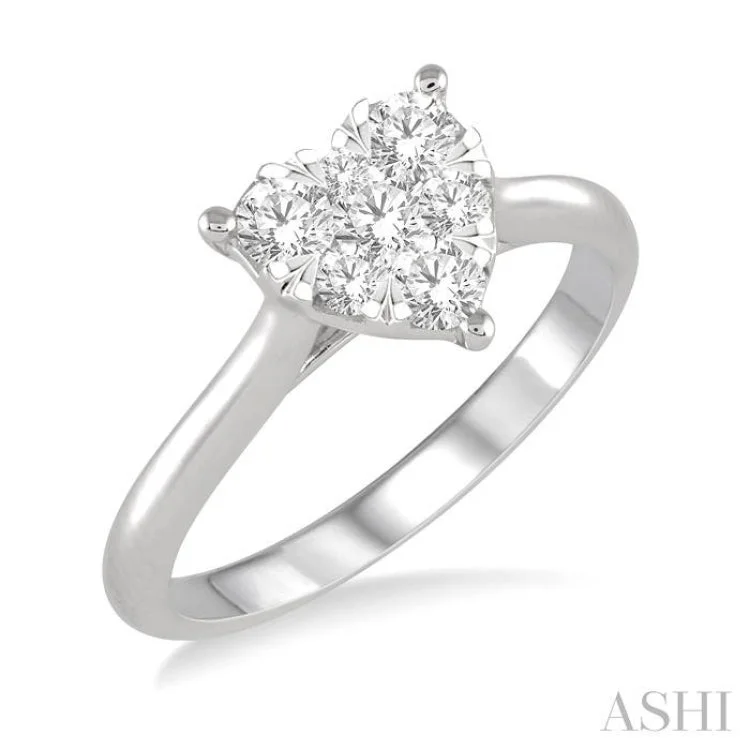 Women’s engagement rings with square diamonds-1/2 Ctw Round Cut Diamond Heart Shape Lovebright Ring in 14K White Gold