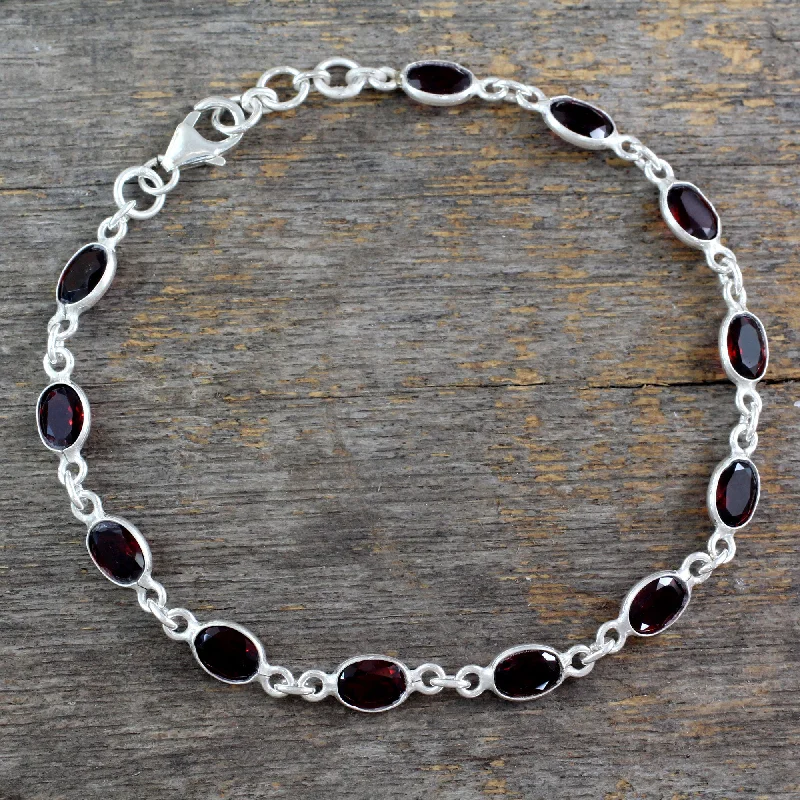 Women’s men’s style bangles-Romantic Red Garnet Silver Tennis Bracelet