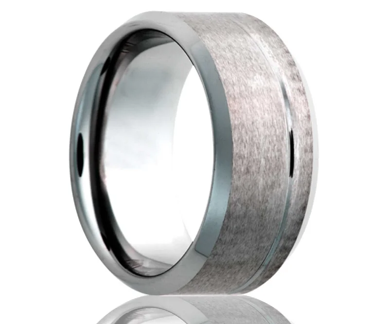 Women’s statement rings-Men's Beveled Edge Tungsten Ring With An Offset Polished Decorative Groove