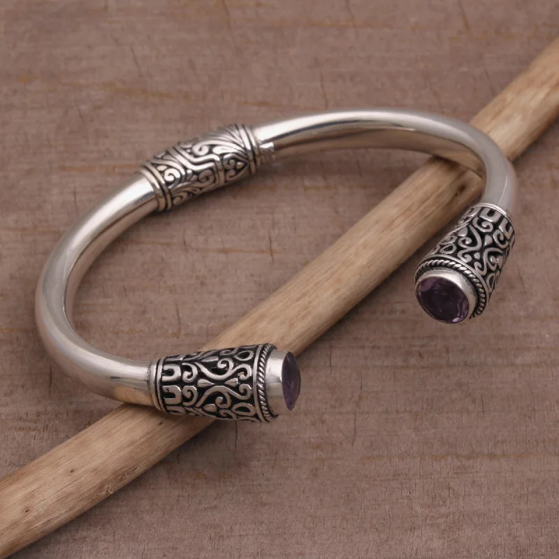 Women’s colorful bangles-Daylight Altar Sterling Silver and Amethyst Cuff Bracelet from Bali