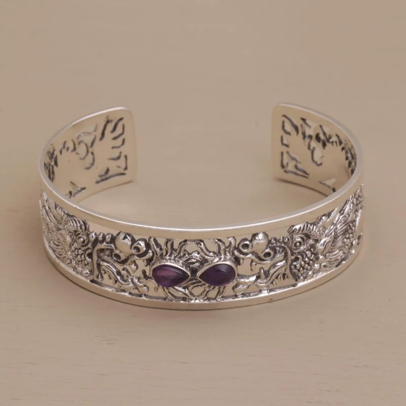 Women’s gemstone bangles-Dragon Duel Dragon Themed Sterling Silver and Amethyst Cuff Bracelet