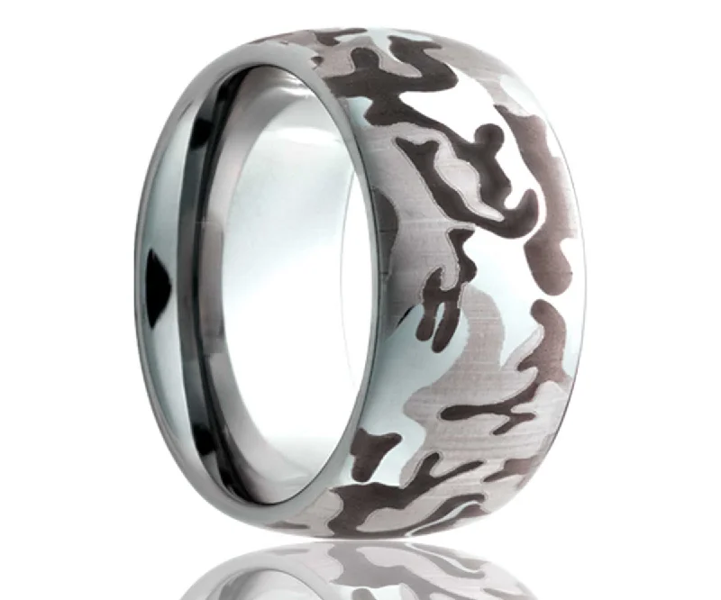 Women’s emerald wedding rings-Domed Urban Camo Engraved Titanium Ring