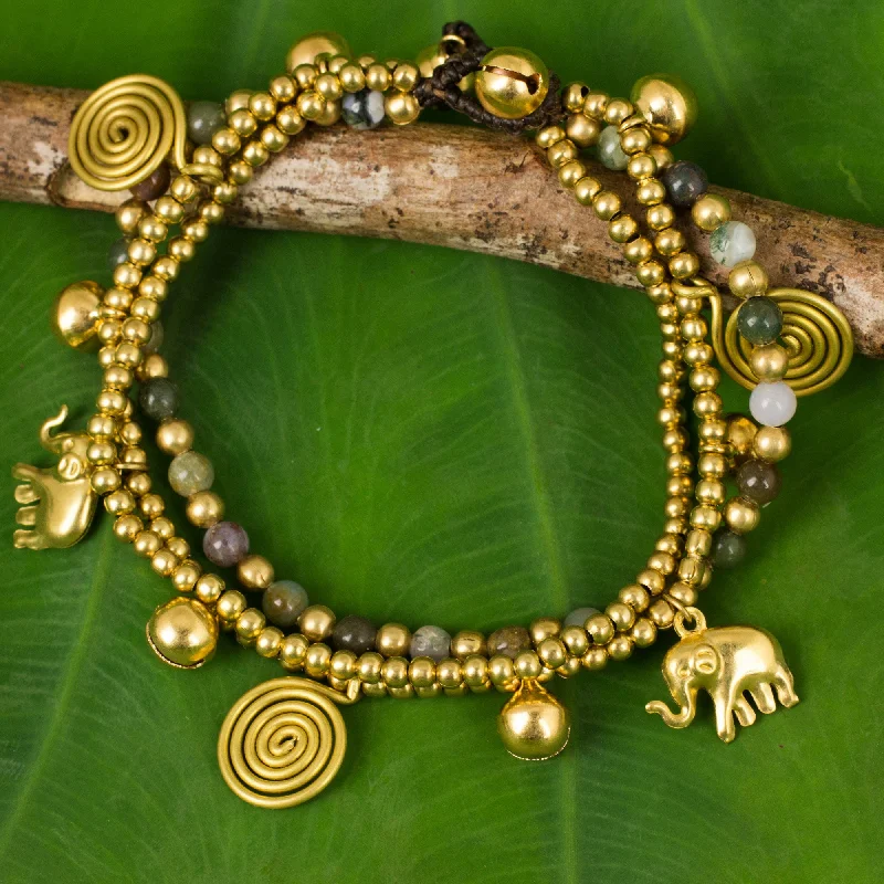 Women’s tennis bracelets-Colorful Siam Elephants Jasper and Brass Beaded Charm Bracelet