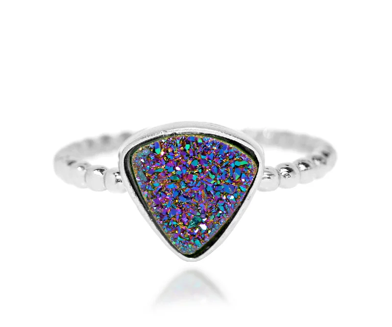 Women’s ruby rings-Small Triangle Purple Rainbow Druzy Ring