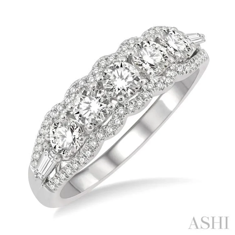 Women’s halo engagement rings with diamonds-1 Ctw Baguette and Round Cut Diamond Fashion Ring in 14K White Gold