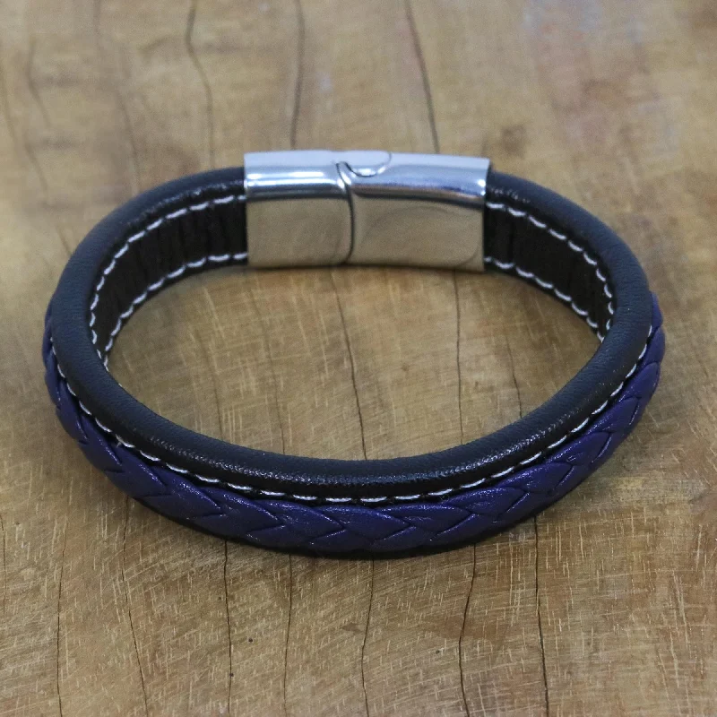 Women’s wrap bracelets-Worldly Spirit in Blue Blue Braided Leather Wristband Bracelet from Thailand