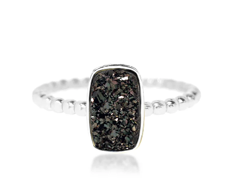 Women’s anniversary rings-Vertical Rectangle Black Druzy Ring