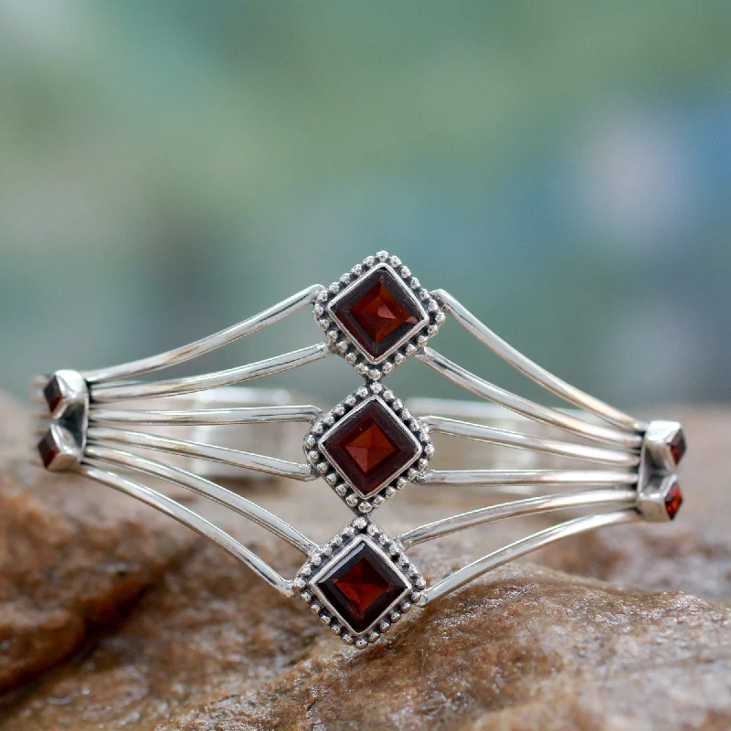 Women’s cuff bracelets-Garnet & Sterling Silver Cuff Bracelet