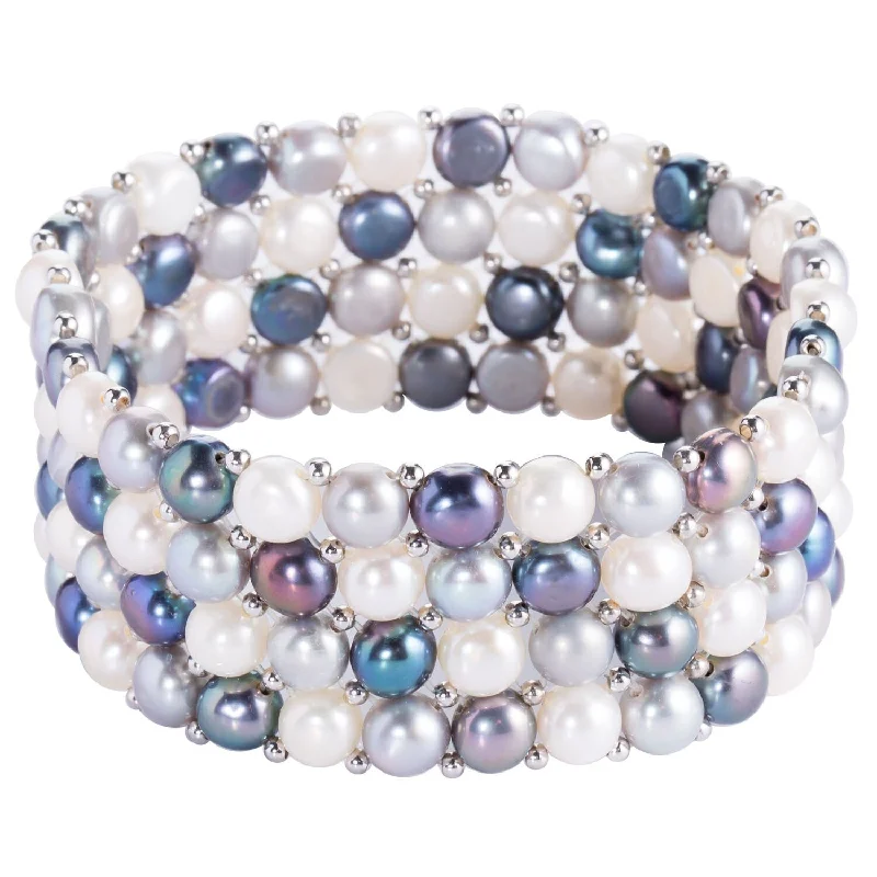 Women’s silver bangles-DaVonna Silver Beads and Multi-color Freshwater Pearl 3-row Stretch Bracelet (6-7mm)