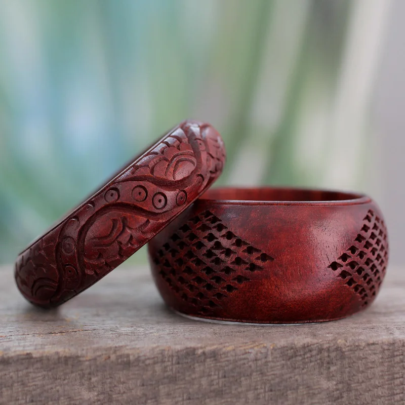 Women’s large bangles-India Romance Artisan Crafted Floral Mango Wood Bangle Bracelets (Pair)