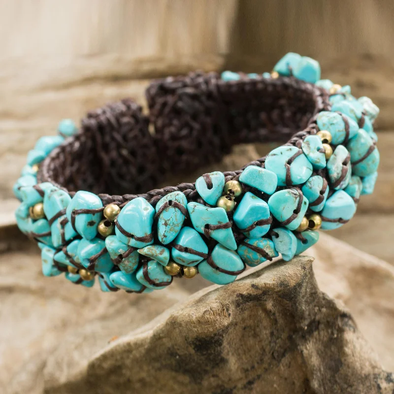 Women’s adjustable charm bracelets-Sky Blue Day Turquoise Color Bead Bracelet on Brown Crocheted Cords