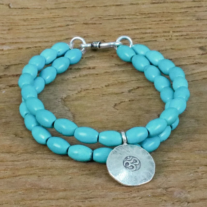 Women’s crystal bangle bracelets-Sky Blue Om Relaxation Calcite and Karen Silver Om Beaded Bracelet from Thailand