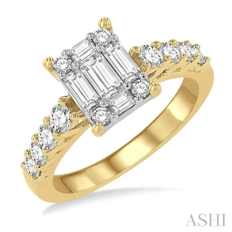 Women’s antique engagement rings-1 ctw Fusion Baguette and Round Cut Diamond Engagement Ring in 14K Yellow and White gold