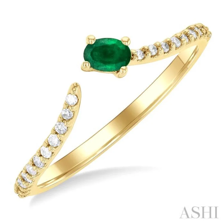 Women’s engagement rings with birthstones-1/10 ctw Petite 4X3MM Oval Cut Emerald and Round Cut Diamond Precious Fashion Ring in 10K Yellow Gold