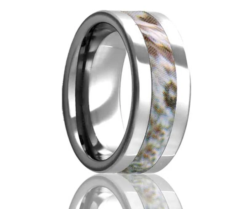 Women’s minimalist engagement rings-Flat Snow Shadow Camo Tungsten Ring