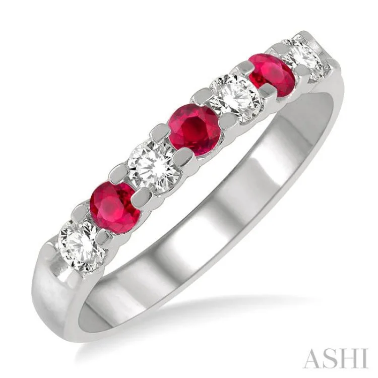 Women’s three-stone engagement rings-3/8 ctw Round Cut Diamond and 3MM Ruby Precious Wedding Band in 14K White Gold