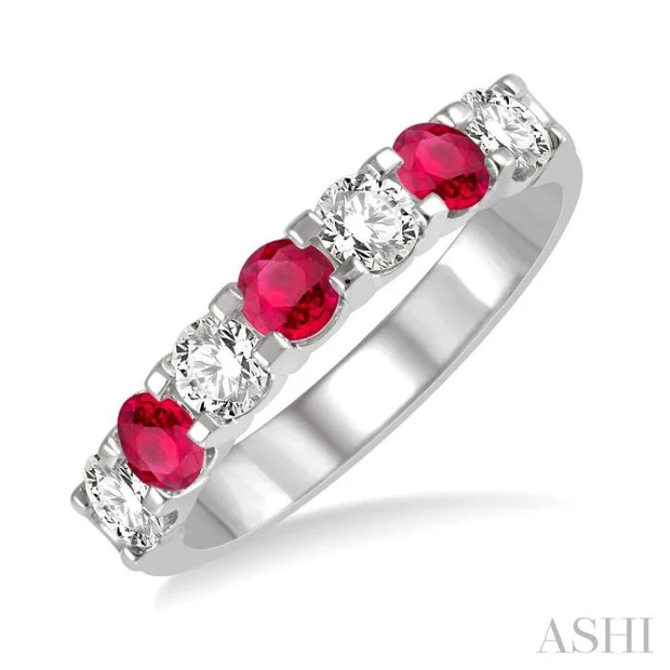 Women’s platinum engagement rings-1/2 ctw Round Cut Diamond and 3.3MM Ruby Precious Wedding Band in 14K White Gold