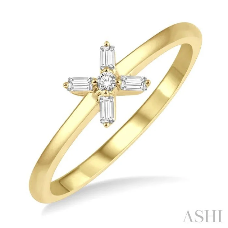 Women’s minimalist engagement rings with diamonds-1/10 Ctw Cross Baguette and Round Cut Diamond Petite Fashion Ring in 10K Yellow Gold