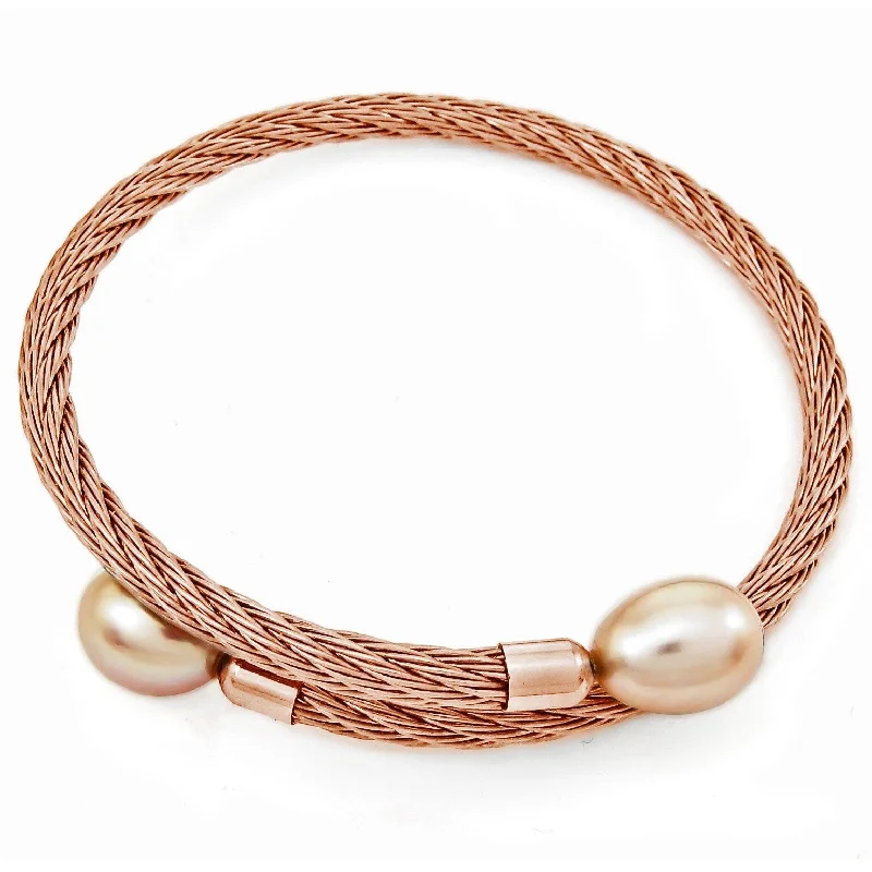 Women’s elegant bangles-DaVonna Rose Stainless Steel 9-10mm Pink Long Shape Pearl Expandable Bangle Bracelet