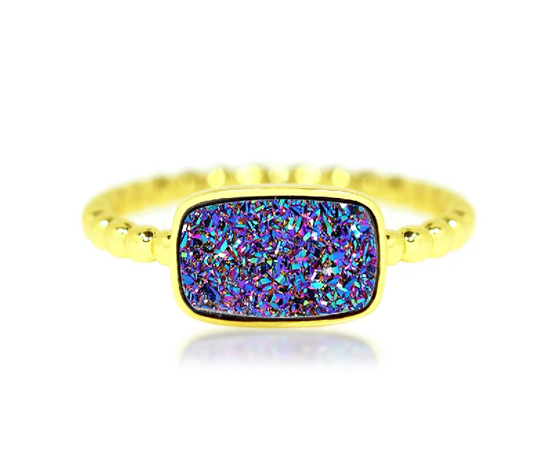 Women’s turquoise rings-Horizontal Rectangle Purple Rainbow Druzy 14k Gold Ring