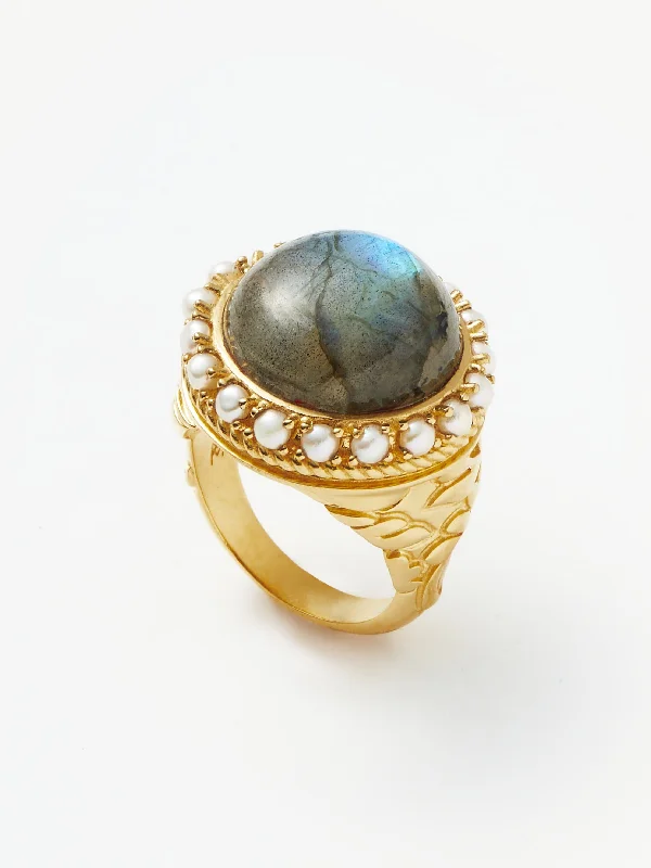 Women’s turquoise rings-Harris Reed Labradorite Cocktail Ring | 18ct Gold Plated/Pearl & Labradorite