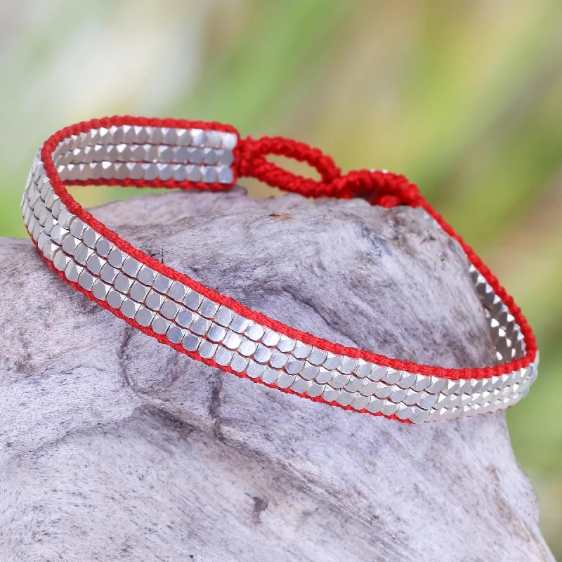 Women’s intertwined bracelets-Shimmering Road in Red Fair Trade Sterling Silver and Red Nylon Beaded Bracelet