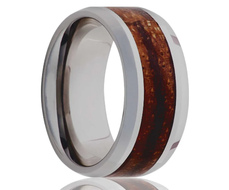 Women’s wedding bands-Men's Beveled Edge Tungsten Ring With Zebra Wood Inlay