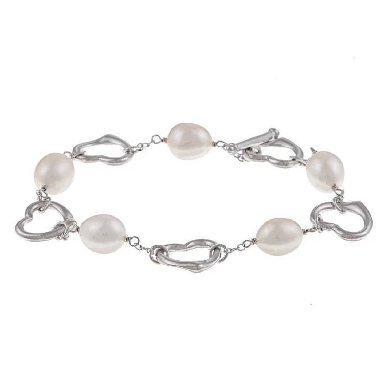 Women’s crystal bangle bracelets-DaVonna Heart Shape Sterling Silver 7-8mm White Freshwater Cultured Pearl Bracelet, 7.5-inch