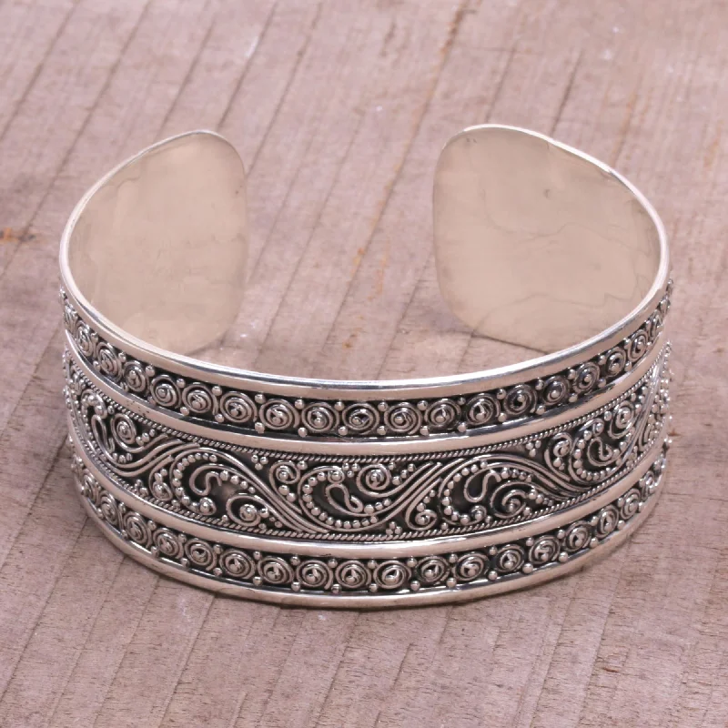 Women’s romantic bracelets-Dotted Temple Dot Motif Sterling Silver Cuff Bracelet from Bali