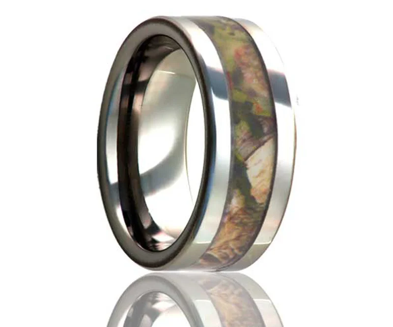 Women’s emerald rings-Flat Edge Woodland Pine Camo Titanium Ring