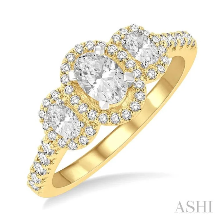 Women’s round engagement rings-1 Ctw Past, Present & Future Round Cut Diamond Engagement Ring With 3/8 ct Oval Cut Center Stone in 14K Yellow and White Gold