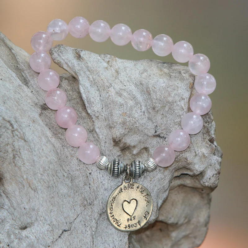 Women’s gold bangles-Path to My Heart Rose Quartz Heart Charm Beaded Bracelet from Bali