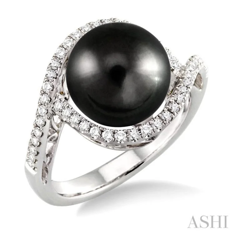 Women’s engagement rings with pearls-11x11MM Black Cultured Pearl and 1/3 Ctw Round Cut Diamond Ring in 14K White Gold