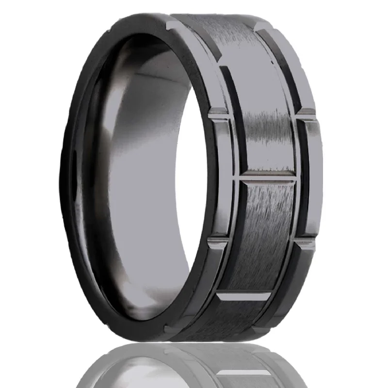 Women’s men’s style rings-Flat Zirconium Ring with a Milled Pattern