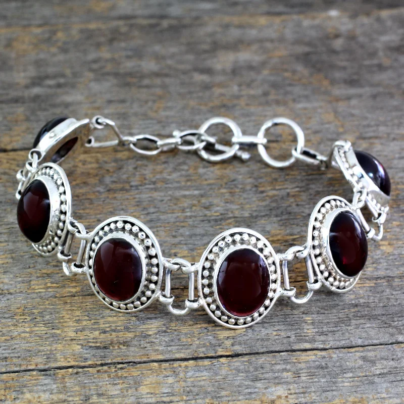 Women’s cute bangles-Crimson Garland Garnet Bracelet Artisan Crafted Silver Jewelry from India