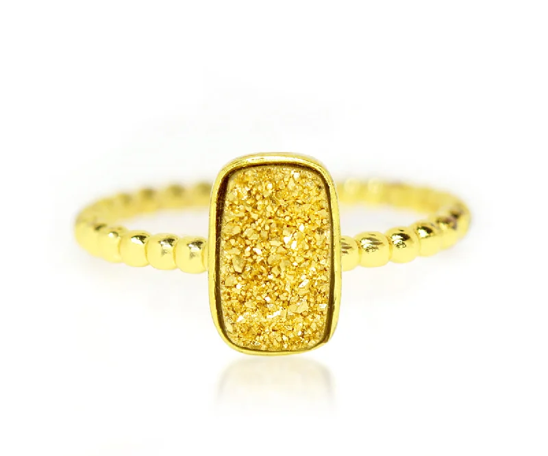 Women’s chunky rings-Vertical Rectangle 18K Gold Druzy Ring