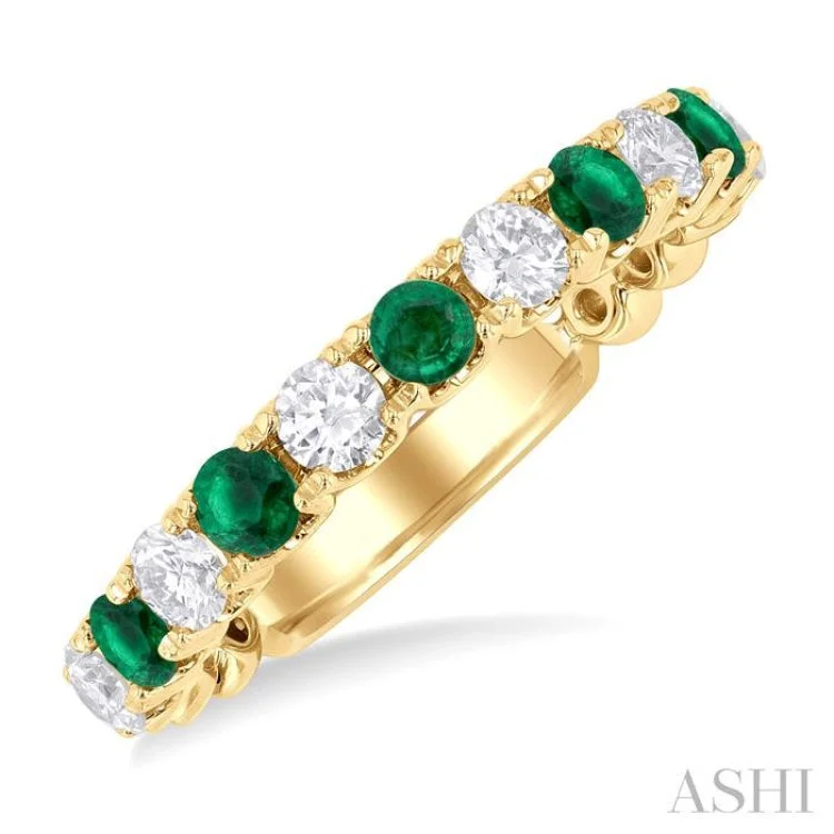 Women’s minimalist engagement rings with diamonds-1/2 ctw Round Cut 2.85MM Emerald and Diamond Precious Wedding Band in 14K Yellow Gold