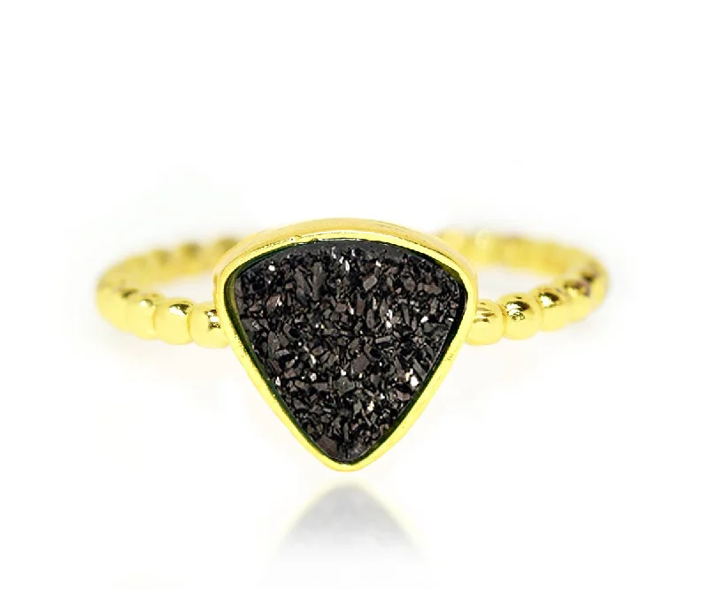 Women’s elegant wedding rings-Small Triangle Black Druzy 14K Gold Ring