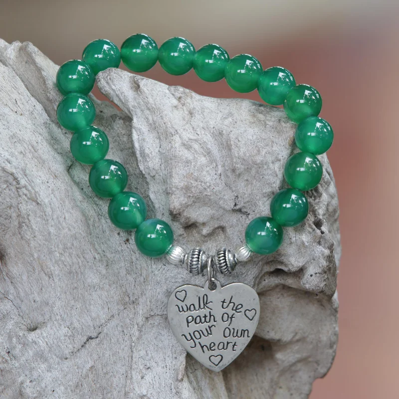 Women’s silver bangles-Path of Love Green Agate and Heart Charm Beaded Bracelet from Bali