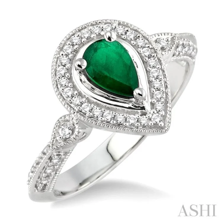 Women’s white gold engagement rings-6x4mm Pear Shape Emerald and 1/6 Ctw Round Cut Diamond Ring in 14K White Gold