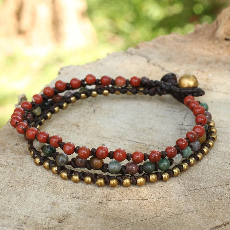 Women’s layered bangles-Natural Mix Beaded Macrame Bracelet with Jasper, Agate and Brass