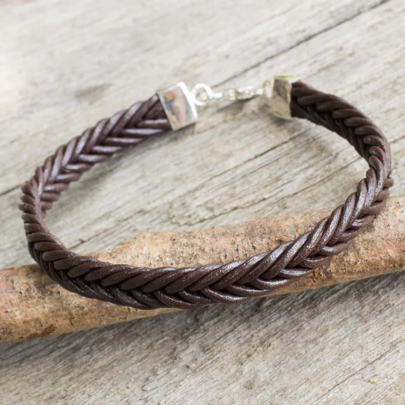 Women’s diamond bracelets-Assertive in Brown Thai Brown Leather Braided Bracelet with Silver Clasp